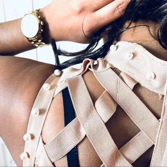 FASHION NOVA BANDAGE SEXY DRESS  TAN COLOR MEDIJM - Picture 9 of 16